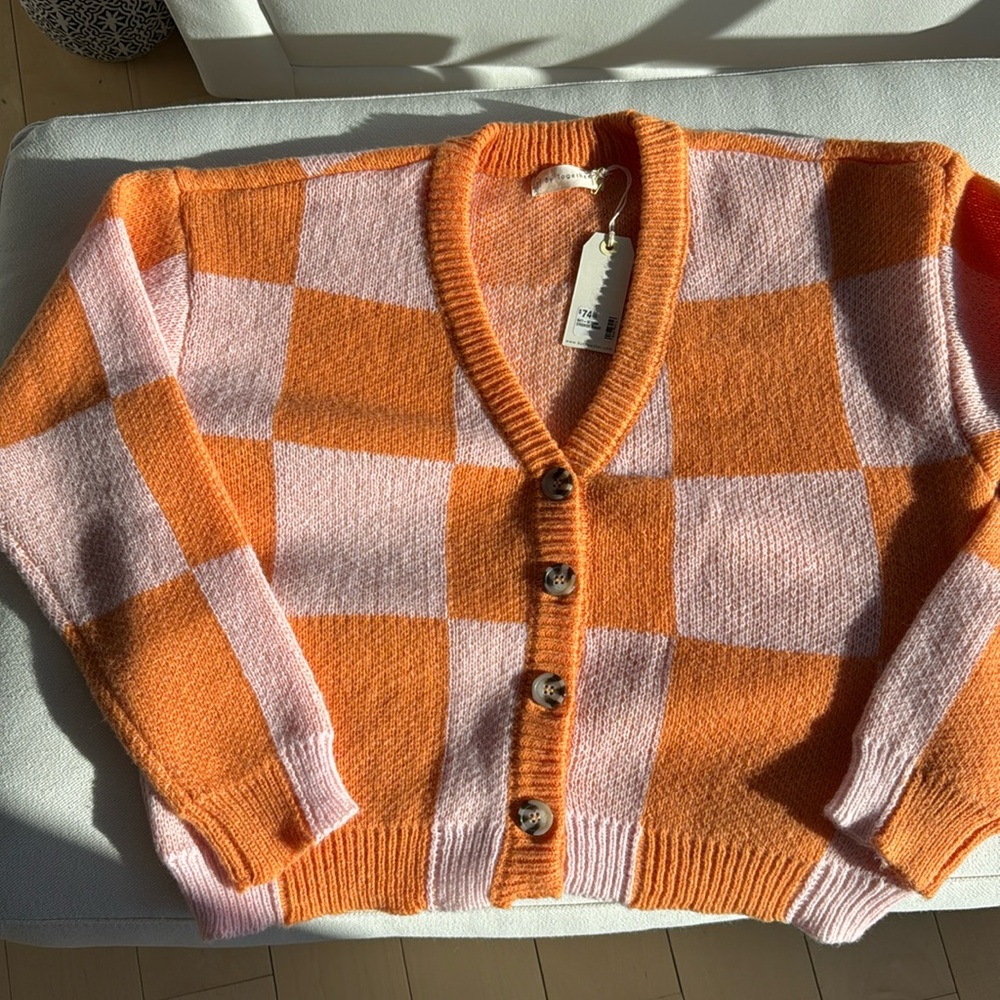 Orange & Pink Checkered Cardigan Sweater, size small, never worn, 100% polyester